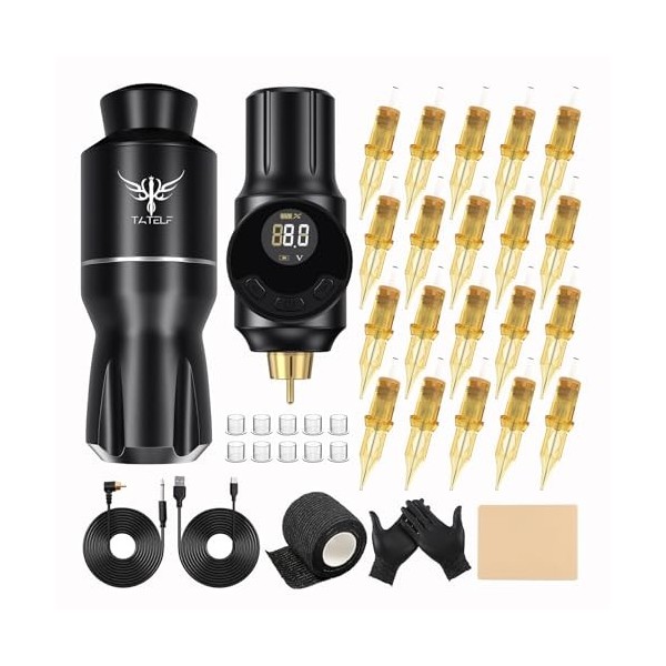 TATELF Kit de stylo de tatouage rotatif pour Machine à tatouer sans fil avec 20 pièces cartouches aiguilles batterie de tatou