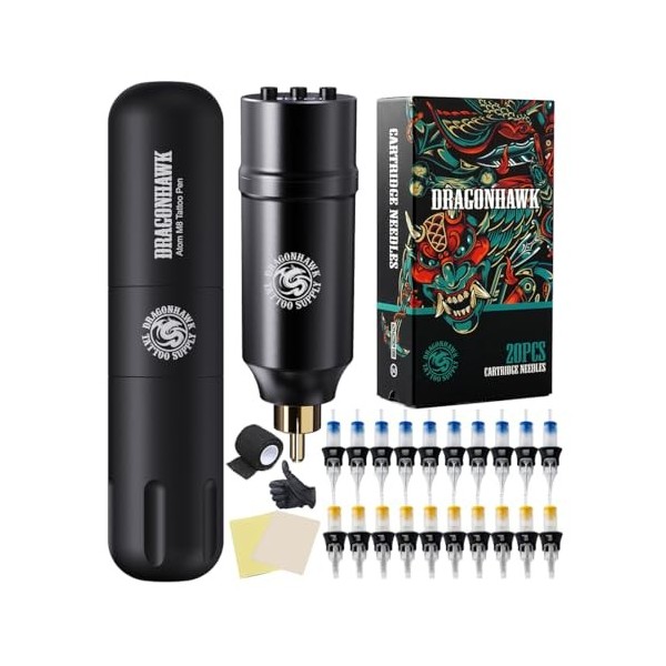 Dragonhawk Tattoo Kit Rotary Tattoo Pen Machine Motor Pen RCA Jack Wireless Battery Power Supply Tattoo Cartridges Needles fo