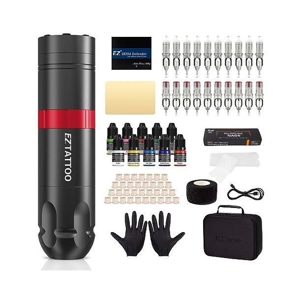 EZ Kit de Tatouage - Kit Machine à Tatouer Complet avec Stylo pour Machine à Tatouer Rotative, Batterie 1500mAh Alimentation,