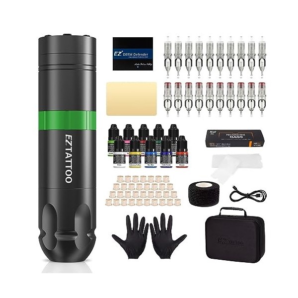 EZ Kit de Tatouage - Kit Machine à Tatouer Complet avec Stylo pour Machine à Tatouer Rotative, Batterie 1500mAh Alimentation,