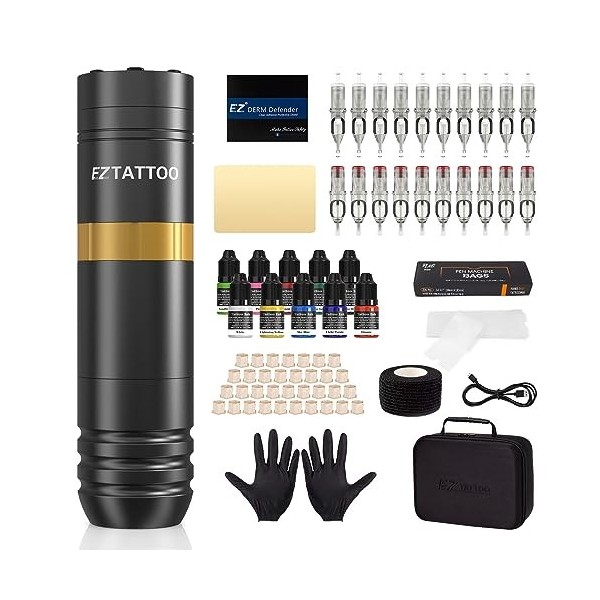 EZ Kit de Tatouage - Kit Machine à Tatouer Complet avec Stylo pour Machine à Tatouer Rotative, Batterie 1500mAh Alimentation 