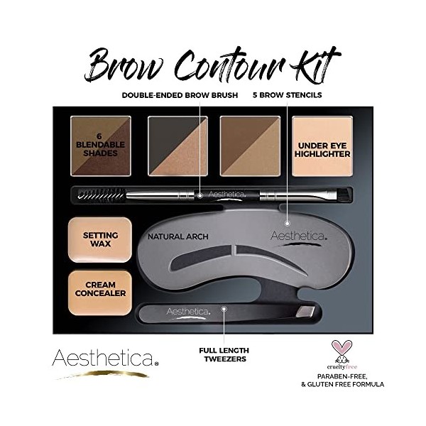 Kit contour des sourcils Aesthetica - palette de contouring pour les sourcils, 15 pièces - contient des fards, de la cire, de