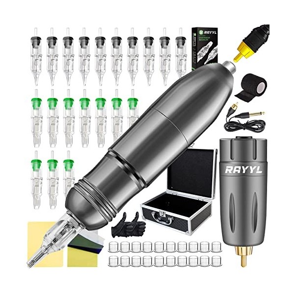 Rotary Pen Machine Kit, Rayyl Kit Stylo Machine Rotative avec Wireless Battery Power Supply, 20pcs Aiguilles à Cartouche Peau