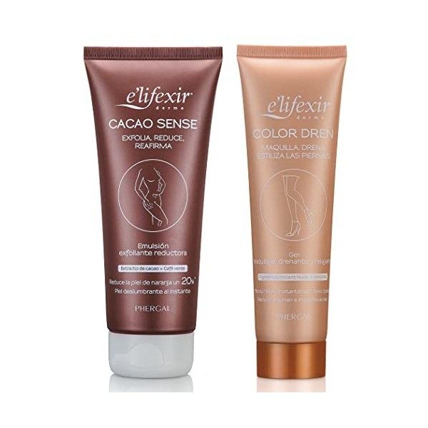 Elifexir Pack Cacao Sense + Color Dren | Exfoliantion Corporel, Reducteur et Raffermissant + Maquillage pour les jambes. Maqu
