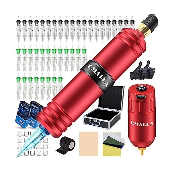 Rotary Kit Stylo Machine Kit - Emalla 40 Cartouches Aiguilles Kit Stylo Fausse Peau Papier de Transfert Grip Tape rouge 