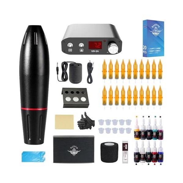 Kit de stylo de tatouage professionnel - Ensemble complet du débutant avec machine à moteur, outils de tatouage et équipement