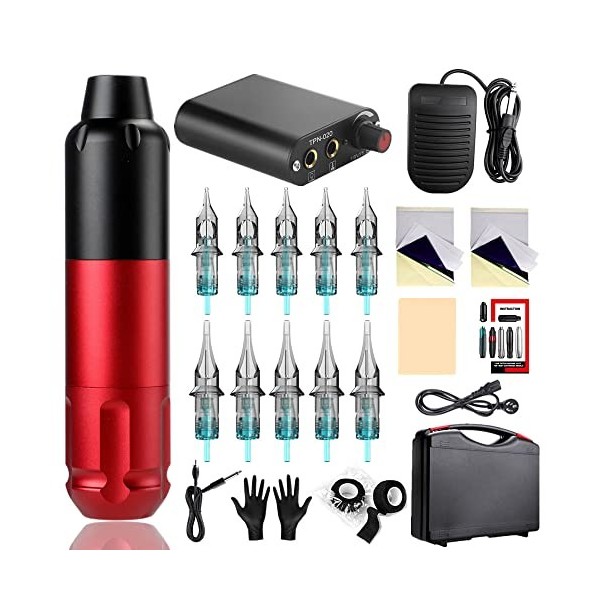 TTOOGO Kit De Stylo De Tatouage - Pistolet À Tatouer Rotatif avec Alimentation De Tatouage 10 Aiguilles De Tatouage Mélangées