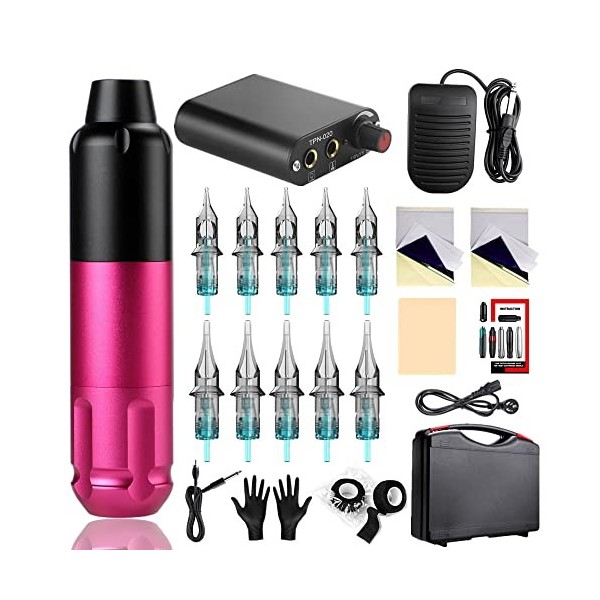 TTOOGO Kit De Stylo De Tatouage - Pistolet À Tatouer Rotatif avec Alimentation De Tatouage 10 Aiguilles De Tatouage Mélangées