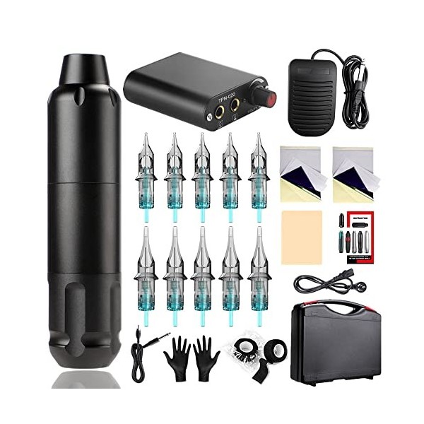 TTOOGO Kit De Stylo De Tatouage - Pistolet À Tatouer Rotatif avec Alimentation De Tatouage 10 Aiguilles De Tatouage Mélangées