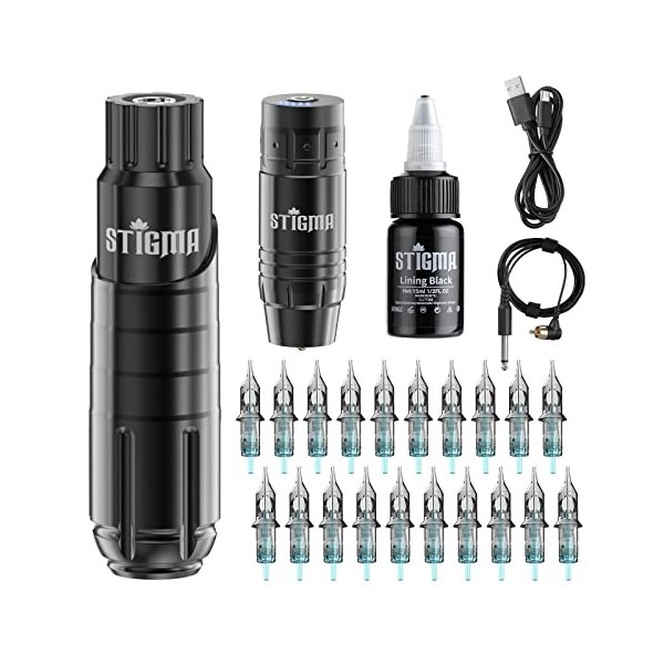 STIGMA Kit Tatouage Professionnel, Stylo Court pour Machine à Tatouer CNC avec Batterie, Kit de Tatouage Sans Fil, Aiguilles 