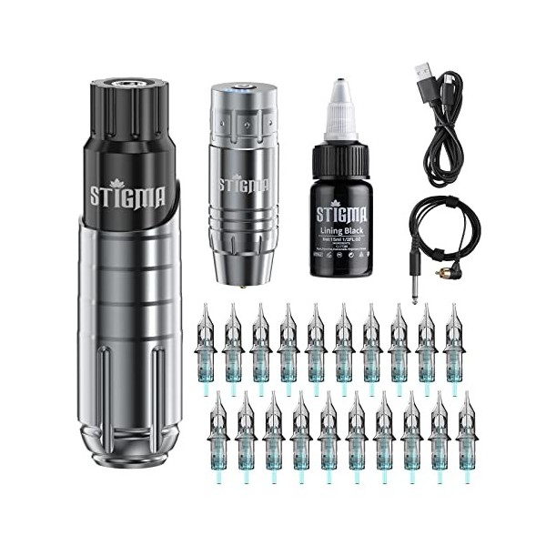 STIGMA Kit Tatouage Professionnel, Stylo Court pour Machine à Tatouer CNC avec Batterie, Kit de Tatouage Sans Fil, Aiguilles 