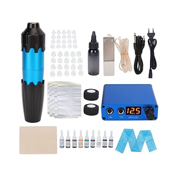 Kit de Stylo de Tatouage, Kit de Stylo de Tatouage Bleu Kit Dalimentation de Tatouage Professionnel Complet à LED pour Début