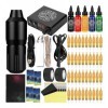 Kit Pour Débutant De Tatouage: Stylo Court Noir Hexagonal Avec Une Alimentation Électrique À LED Jaune Essentielle, Ensemble 