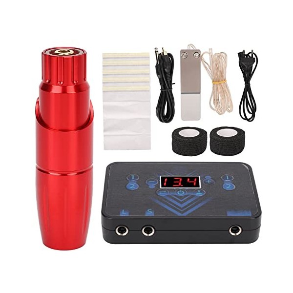 Kit de Stylo de Tatouage, Kit de Machine à Tatouer Stylo Moteur Rouge LED Sortie 2 Canaux Ensemble Complet Dalimentation de 