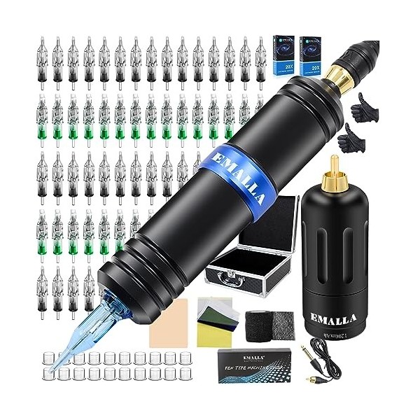 Emalla Kit de stylo machine rotative sans fil avec 1 bloc dalimentation sans fil et accessoires pour débutants et artistes N