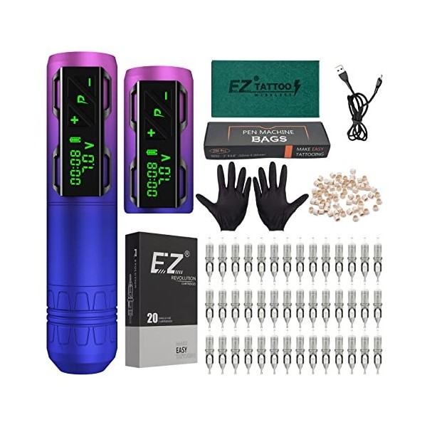 EZ Kit de Tatouage - Tatouage Sans Fil Kit Professionnel Complet avec Machine à Tatouer Rotative Stylo, Batterie Dalimentati