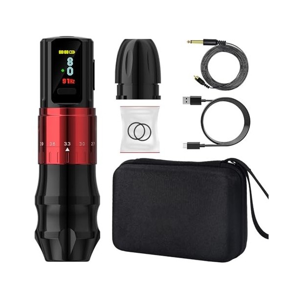 Kit de Stylo de TatouageFil, Batterie 2400mAh, Affichage OLED, Connecteur, Charge Rapide, Machine Rotative rouge 