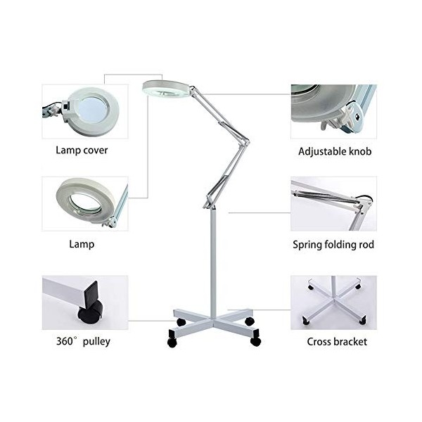 Générique Magnifier Rolling Floor Stand Magnifying Adjustable Swivel Arm Lamp Loupe 8X Magnification for Skincare Beauty Mani