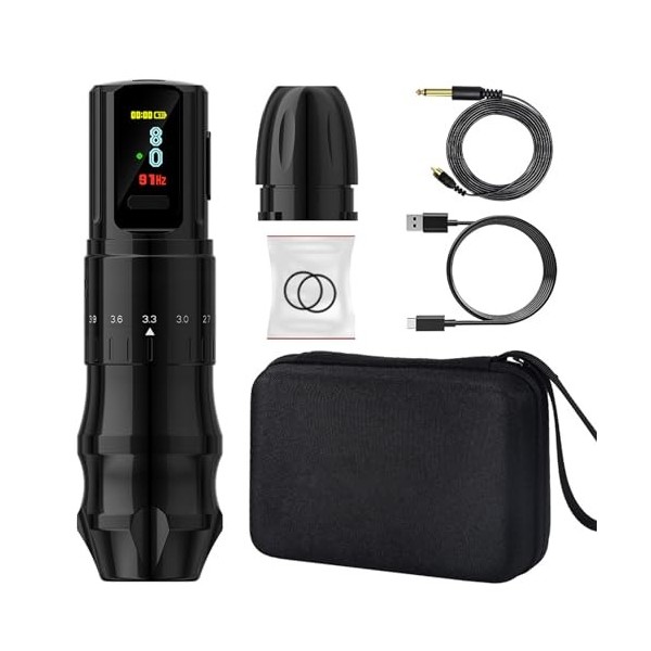 Kit de Stylo de TatouageFil, Cartouche 2400 MAh, Course Daiguille, écran OLED, Stylo Rotatif à Charge Rapide avec Adaptateur