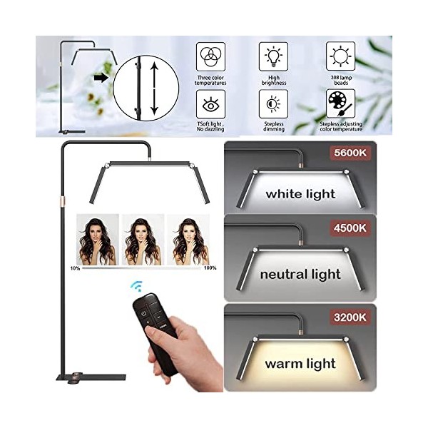 Lampadaire Led Cils, 40W Lampe Cils Led pour Extensions de Cils, 3 Modes de Couleur avec Télécommande et Support de Téléphone