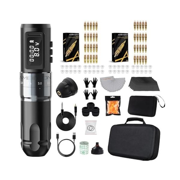 INGKE Kit Stylo pour Machine tatouer sans Fil Stylo Tatouage Batterie sans Fil Course réglable 2,2-4,2 mm Moteur sans Noyau B