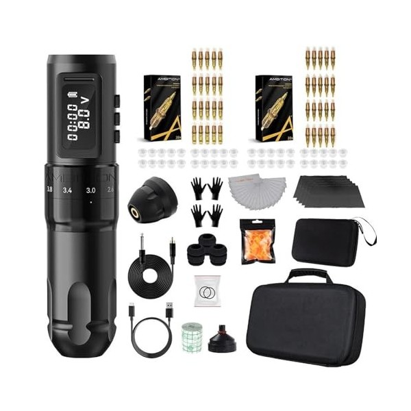 INGKE Kit Stylo pour Machine tatouer sans Fil Stylo Tatouage Batterie sans Fil Course réglable 2,2-4,2 mm Moteur sans Noyau B