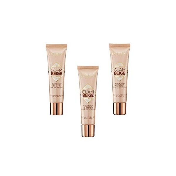 LOréal Paris Glam Beige Fond de Teint Effet Bonne Mine Peau Claire à Médium, Lot de 3 3 x 30ml 