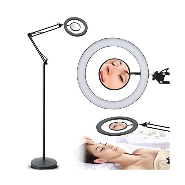 MUZIZY Lampadaire LED, extension de cils avec loupe 8X et hauteur réglable, lampe de beauté à gradation continue pour tatouag