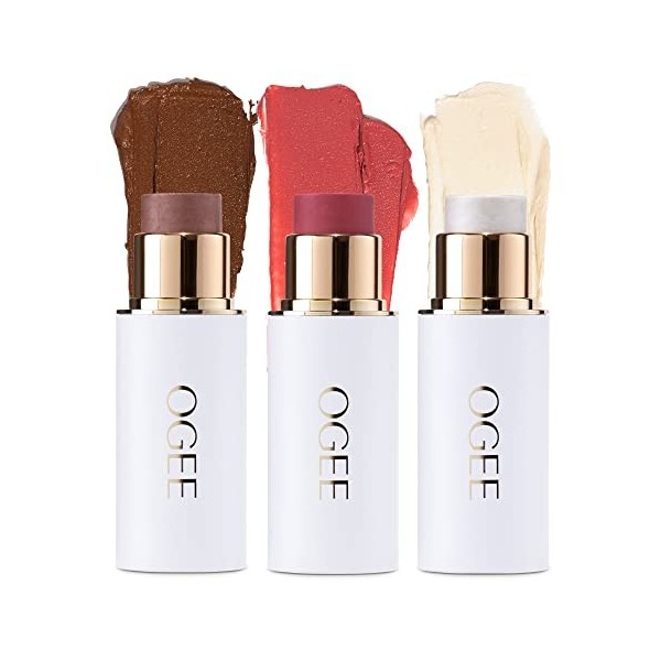 Ogee Sculpted Face Stick TRIO Crystal Contour Collection – Poudre bronzante certifiée biologique, blush & surligneur