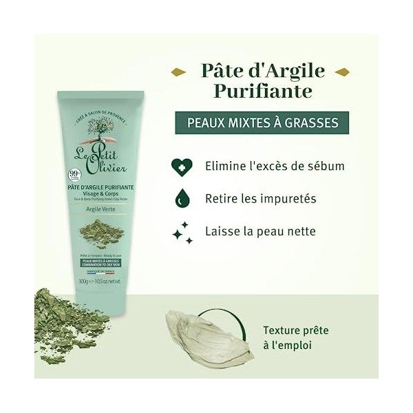 LE PETIT OLIVIER - Pâte DArgile Purifiante - Argile Verte - Visage & Corps - Purifie - Peaux Mixtes A Grasses - 99% DOrigin