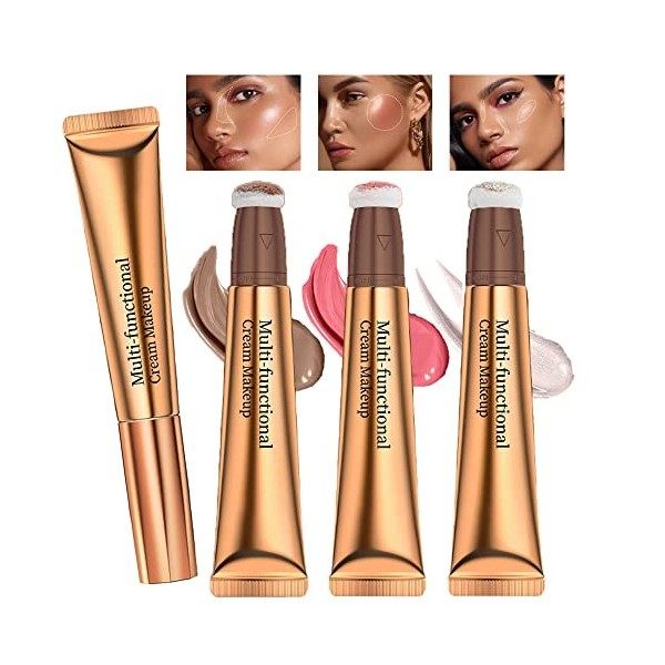 3 Pcs Baguette de Beauté Contour Liquide, Surligneur Crème et Bâton Blusher Rouge Avec Applicateur Coussin Doux Facile à Méla