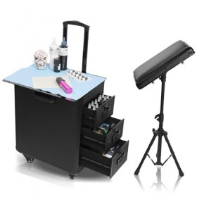 Sxhlseller Valise mobile à roulettes 3 en 1 - Avec accoudoir, établi et tiroir - Multifonction - Pour tatouage, coiffeur, ong