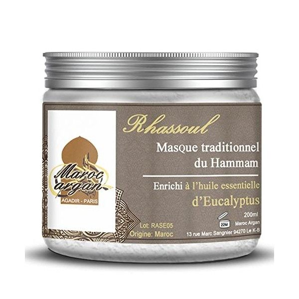 Rhassoul enrichi à lEucalyptus - Argile Purifiante du Maroc 100% Naturelle - Masque Peau et Cheveux - 250g