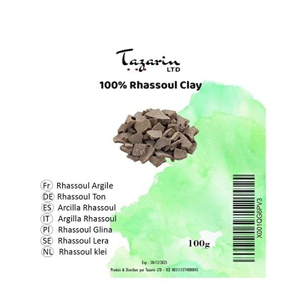 TazarinLtd 100g Rhassoul en Poudre - Argile Purifiante - Masque et Soins Visage, Cheveux & Peau - Origine : Maroc - 100% Natu