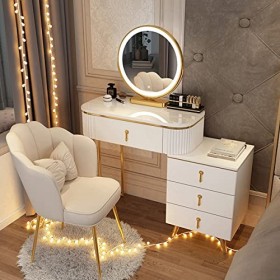 Coiffeuse Pour Enfants Pour Filles,Avec Éclairage de Miroir Intelligent Led Réglable À 3 Couleurs,Coiffeuse Avec 5 Tiroirs,En