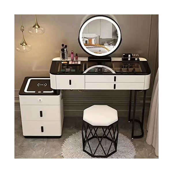 Générique Table de Maquillage,Coiffeuse Vanité de Maquillage,avec Station de Charge sans Fil Et Haut-Parleur Bluetooth,Miroir