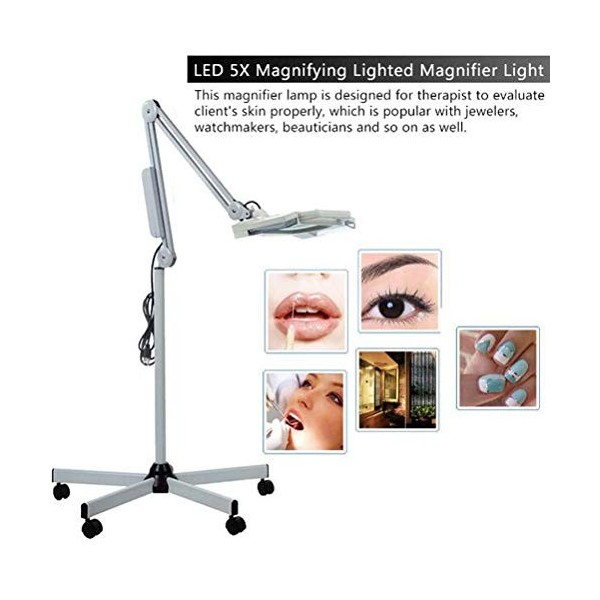 5X Square Magnifying Glass LED Lamp with Rolling Floor Stand Adjustable Swivel Arm Beauty Magnifier Lamp for Tattoo Folding S