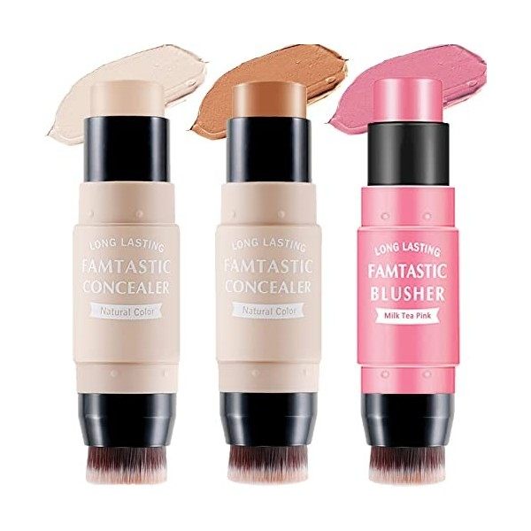 3 Pcs Contour Highlighter Blush Sticks avec pinceau, nuances avec surligneur et bronzant stylo et crème blush, imperméable, m