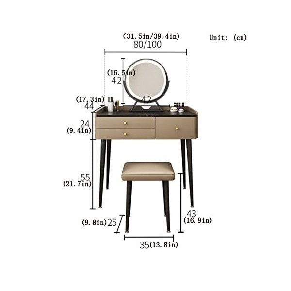 Générique Bois Massif Tables de Manucure, Chambre À Coucher avec Miroir À LED,Petit Meuble de Rangement de Coiffeuse Dappart