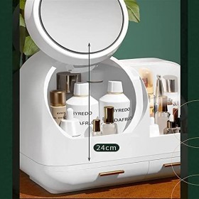 Makeup Organizer Cosmetics Organizer Box with LED Mirror Fan Makeup Storage Box for Lipstick Mask Color : Green White 
