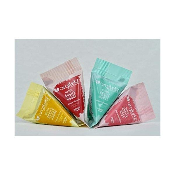 ARGILETZ Lot de 4 berlingots dargile de 15ml - Mix argile rouge, argile rose, argile verte et argile jaune