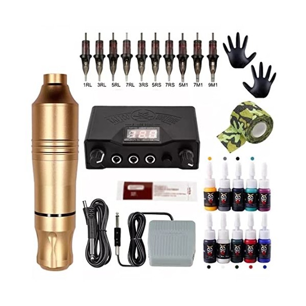 MGWYE Kits de Tatouage Tatouage Alimentation Rotary Pen avec Cartouches Aigules MAQUEUR PRUMERES MAQUET Color : Gold 