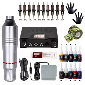 HOUKAI Kits de Tatouage Tatouage Alimentation Rotary Pen avec Cartouches Aigules MAQUEUR PRUMERES MAQUET Color : Silver 