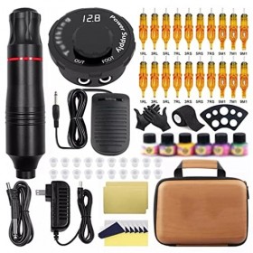 HOUKAI Kit de Tatouage Rotatif Kit de Tatouage Alimentation avec 2 0pcs Cartouches Aiguilles en Jeu de Tatouage Complet Perma