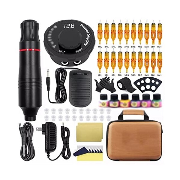 HOUKAI Kit de Tatouage Rotatif Kit de Tatouage Alimentation avec 2 0pcs Cartouches Aiguilles en Jeu de Tatouage Complet Perma