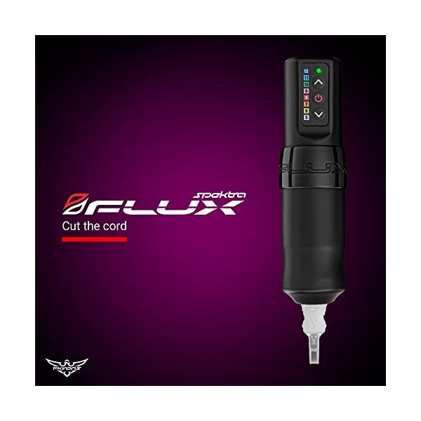 FK Irons Spektra Flux,Machine à Tatouer sans Fil,Noir Brillant Stealth ,Livré avec 2 Piles PowerBolt,9W, Brushless,Course de