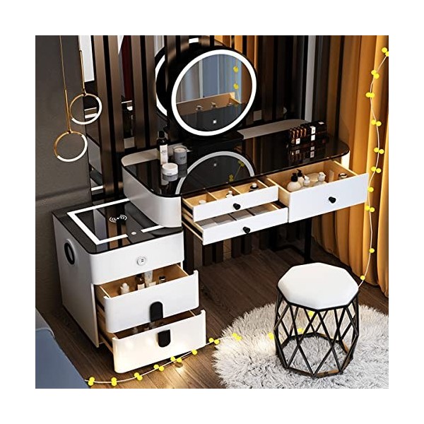 Table de Maquillage Grande Coiffeuse Vanité de Maquillage Avec Station de Charge Sans Fil Et Haut parleur Bluetooth,Miroir de...