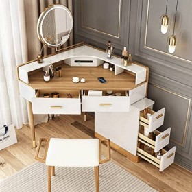 Bois Massif Écologique Coiffeuse pour Filles,Avec Éclairage de Miroir Intelligent Led Réglable À 3 Couleurs,Coiffeuse Avec 5 