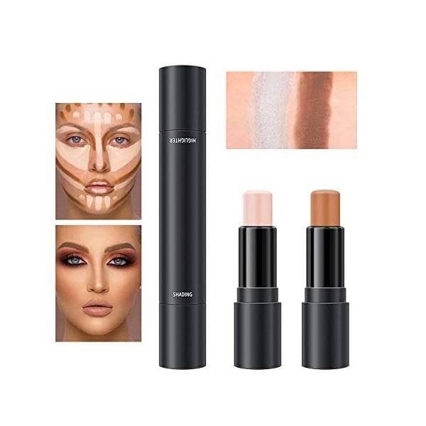 Bâton Contour 2 en 1, Bâton Surligneur, Contouring Maquillage, Contouring Stick, Stylo Correcteur Contour Double Tête, Imperm