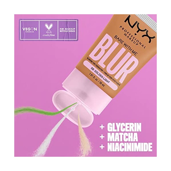 NYX Professional Makeup Fond de Teint Effet Flouté Bare With Me Blur, Couvrance Moyenne, Fini Mat Naturel, Niacinamide, Match